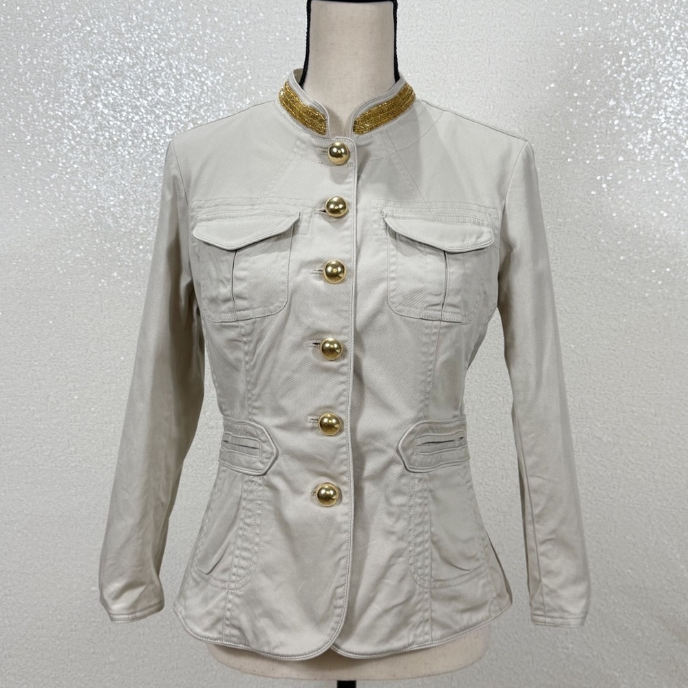 Michael Michael Kors Military Style Jacket Beige Gold Button Trim Size 8